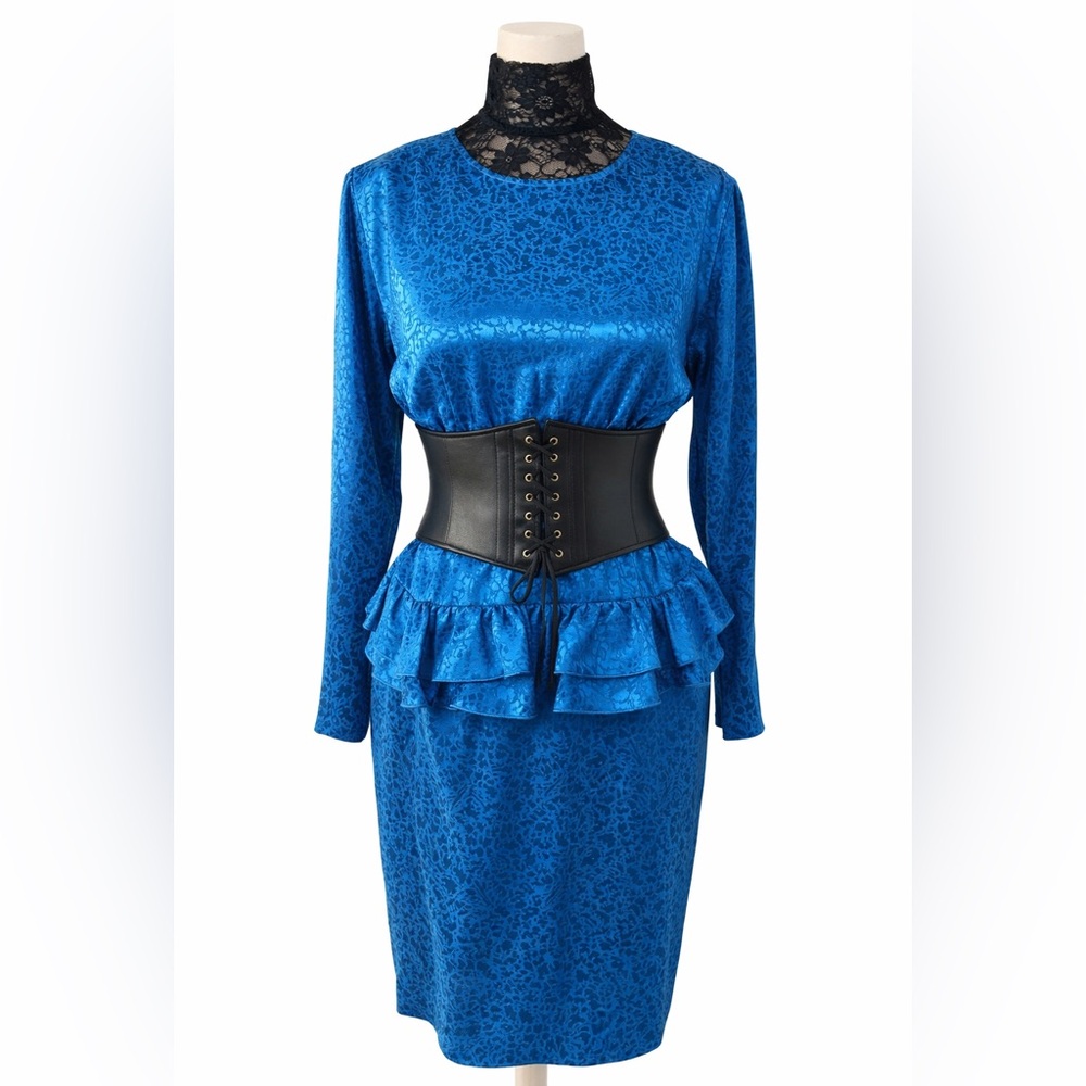 RARE Vintage 80s Courtenay Silk Peplum Dress Deadstock Statement electric Blue - Picture 2 of 7